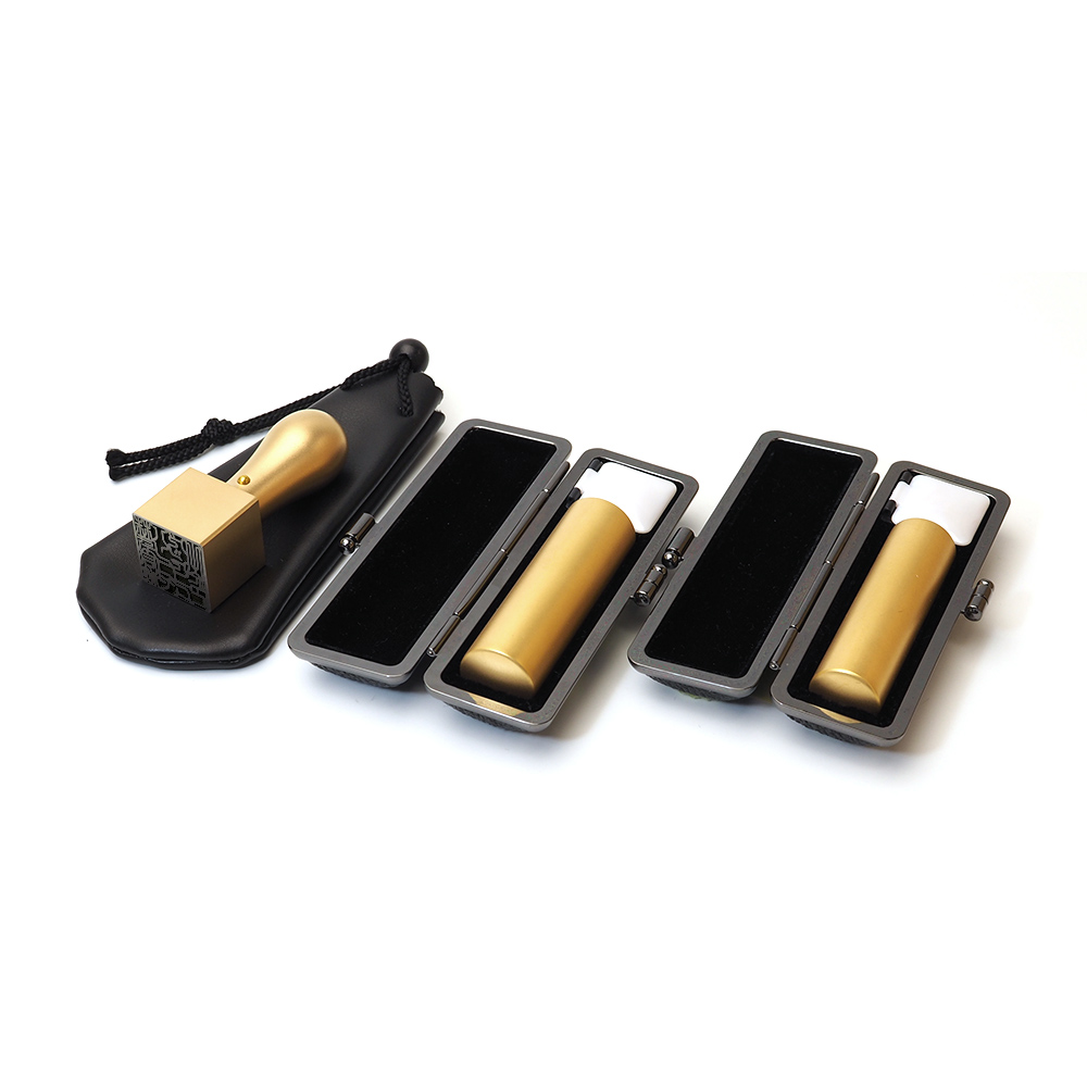 会社設立３本セット 実印18.0・銀行印16.5・角印21 寸胴セット ブラストチタンゴールド【印鑑ケース・印袋付】