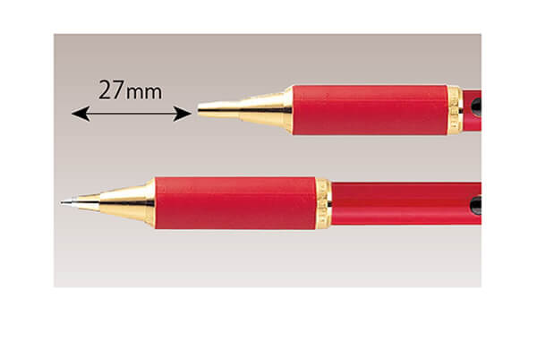 ソフトタッチで握りやすいグリップの採用により、長時間の筆記も快適にこなせます。ボディーは伸縮するスライド式。全長を縮めることができ、携帯にもたいへん便利です。