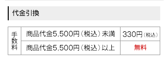 代金引換には手数料がかかることがあります。商品代金が税込み5500円未満のお客様には、税込330円の手数料がかかります。商品代金が税込み5500円以上のお客様には、手数料はかかりません。