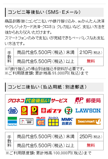 コンビニ後払いには手数料がかかることがあります。商品代金が税込み5500円未満のお客様には、税込210円の手数料がかかります。商品代金が税込み5500円以上のお客様には、手数料はかかりません。