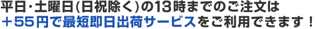 平日・土曜日（日祝除く）の13時までのご注文は+55円で最短即日出荷サービスをご利用できます。