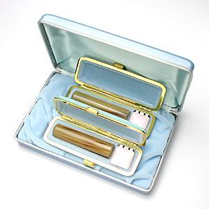 銀行印・認印セット（銀行印13.5mm・認印12.0mm） 牛角・中色【ブルー・ファンシーケース付】