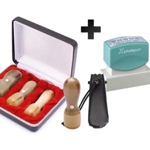 会社設立 実印・銀行印・角印・認印 天丸+シヤチハタ住所印セット 牛角・中色 4本（角24mm）【シャチハタ住所印】【印鑑】